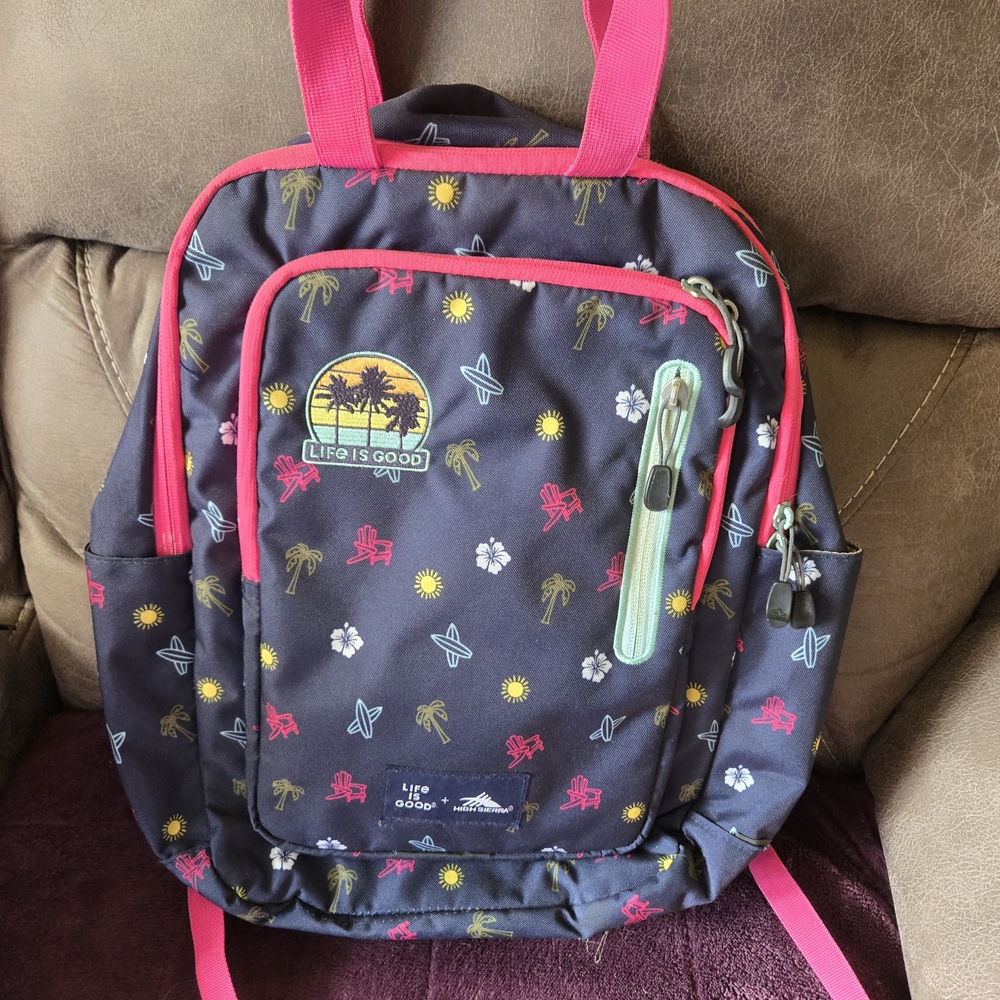 Life Is Good Large Backpack - Blue with Pink and Yellow Accents